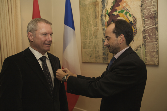 JB-receiving-the-Merit-d'Ag French Consul General Alexandre Garcia pins the Ordre du Merite Agricole on John Blakeley